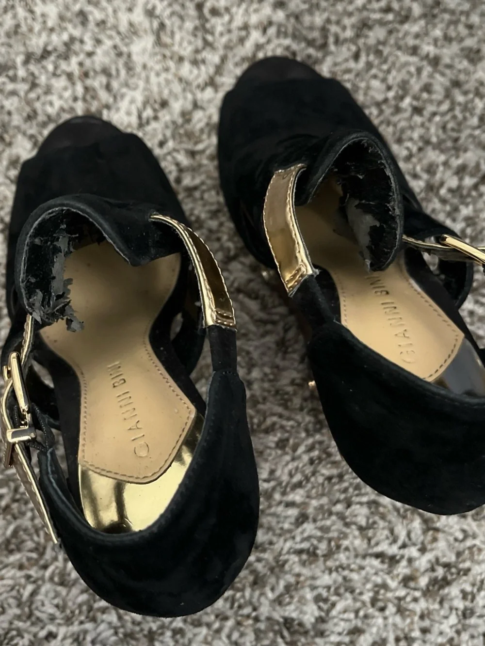 Black Suede Platform Wedge Heels with Gold Accent